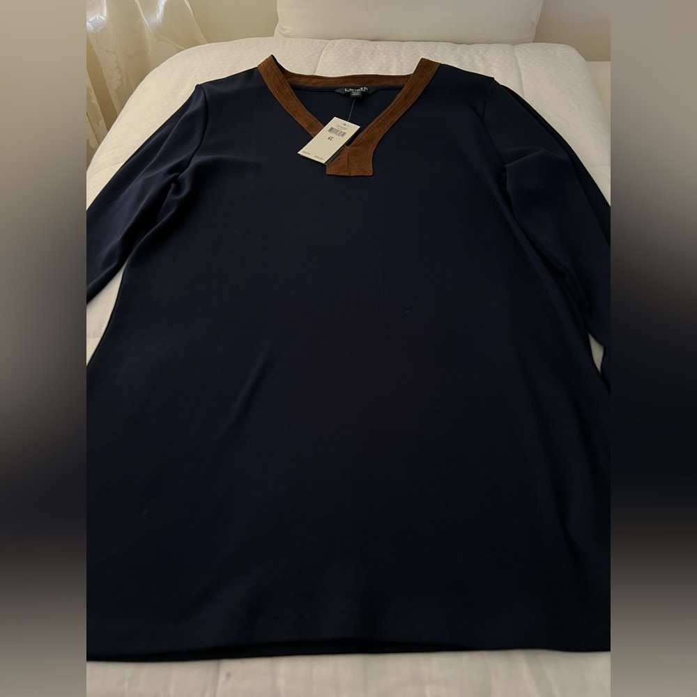 Lauren by Ralph Lauren tunic type shirt. Blue with faux suede trim.   Size XL - Picture 5 of 12